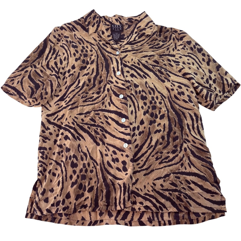 City Silk Petite Womens Brown Tan Animal Print 100% Silk Button Down Shirt P/P